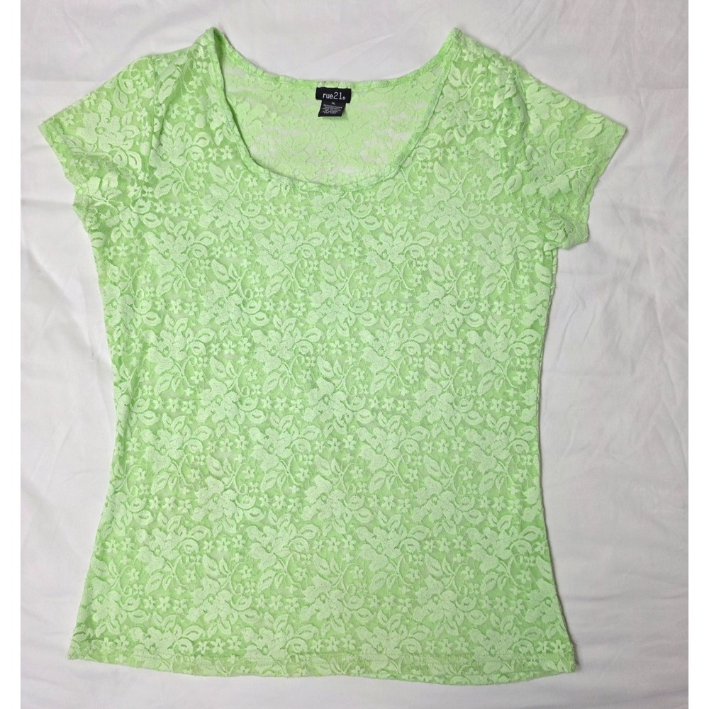 Rue21 XL Green Floral Lace Short Sleeve Sheer Top